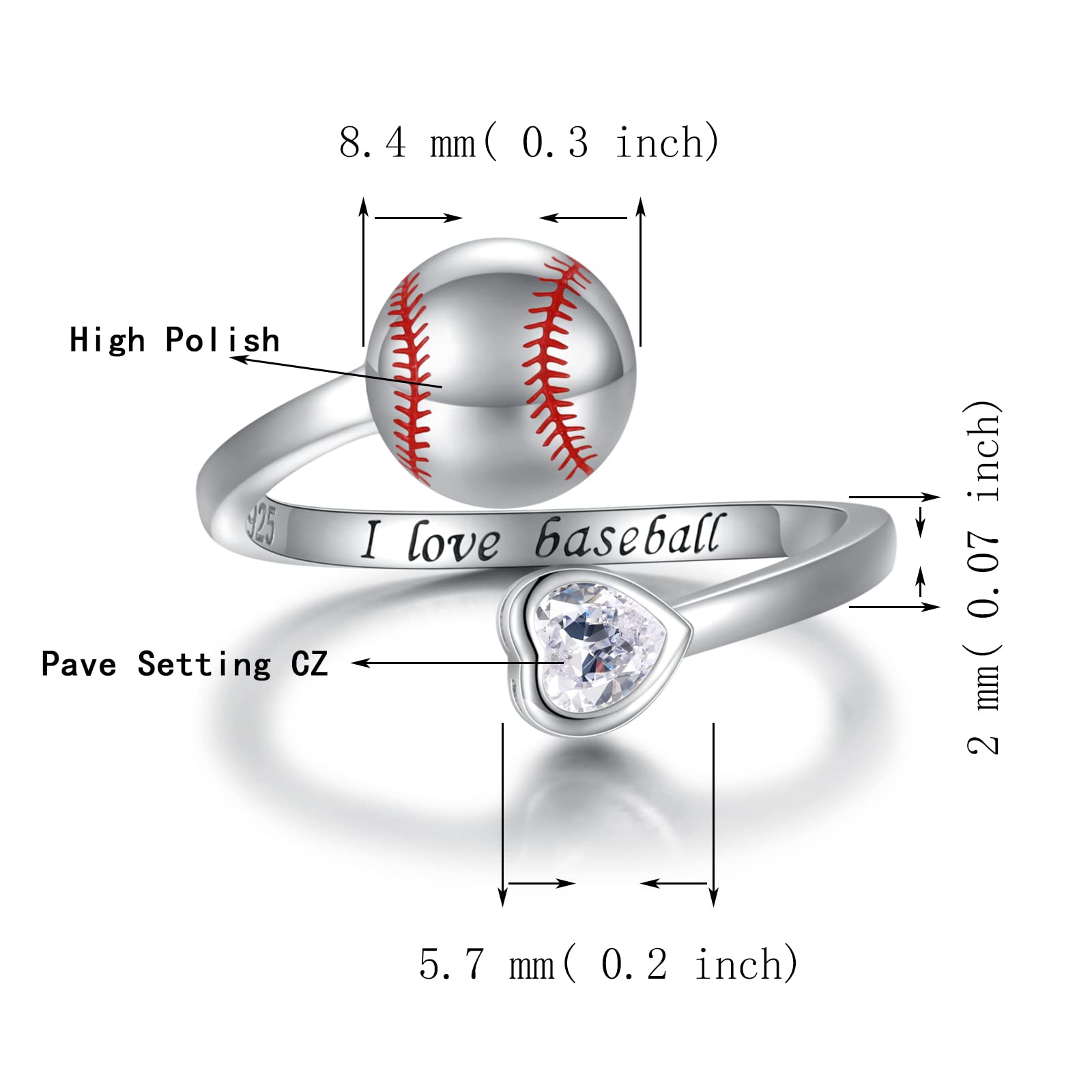 925 Sterling Silver Basketball Baseball Softball Football Tennis Racket Ring Adjustable Sports Jewelry Gifts for Women Player Mom (Baseball)