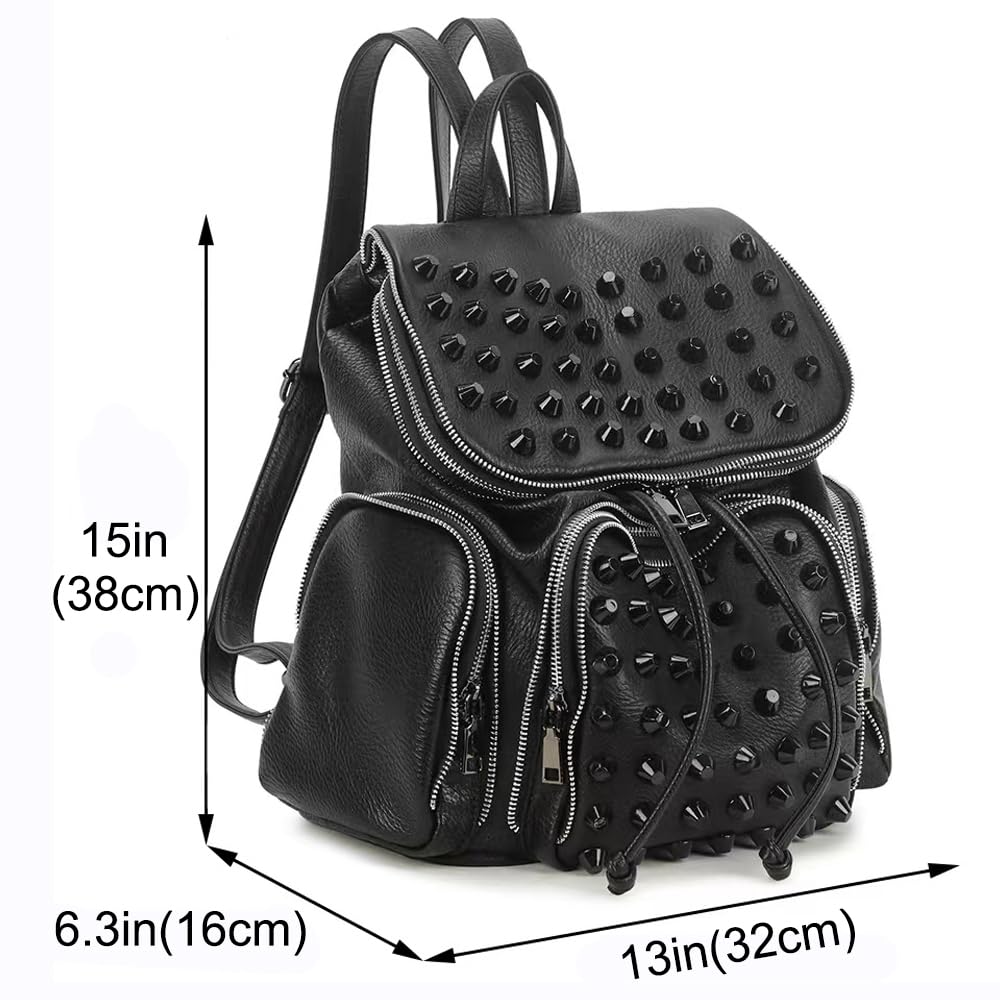 Downupdown ​Studded Backpacks for Women and Men Leather Flap Rivet Backpack knapsack Ladies Casual Daypack Shoulder Bag Cool Zipper Backpack with Top Handle Bucket Bag-Black