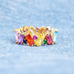 STORYJEWELLERY Story Jewellery Rainbow Ring for Women, Gold Plated Rainbow Eternity Ring, Baguette Rainbow Ring, Rainbow Jewelry Gifts for Women(G 06)