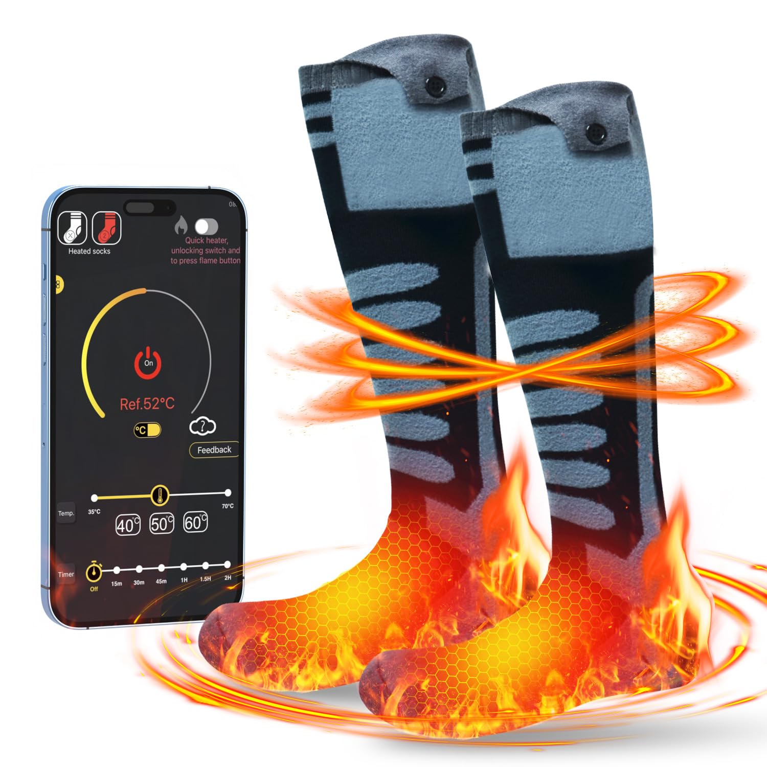 YAHAVA Electric Heated Socks for Men Women 5000mAh Rechargeable Battery Heated Socks with APP Remote Control Washable Feet Warmer Socks for Winter Hunting-Black