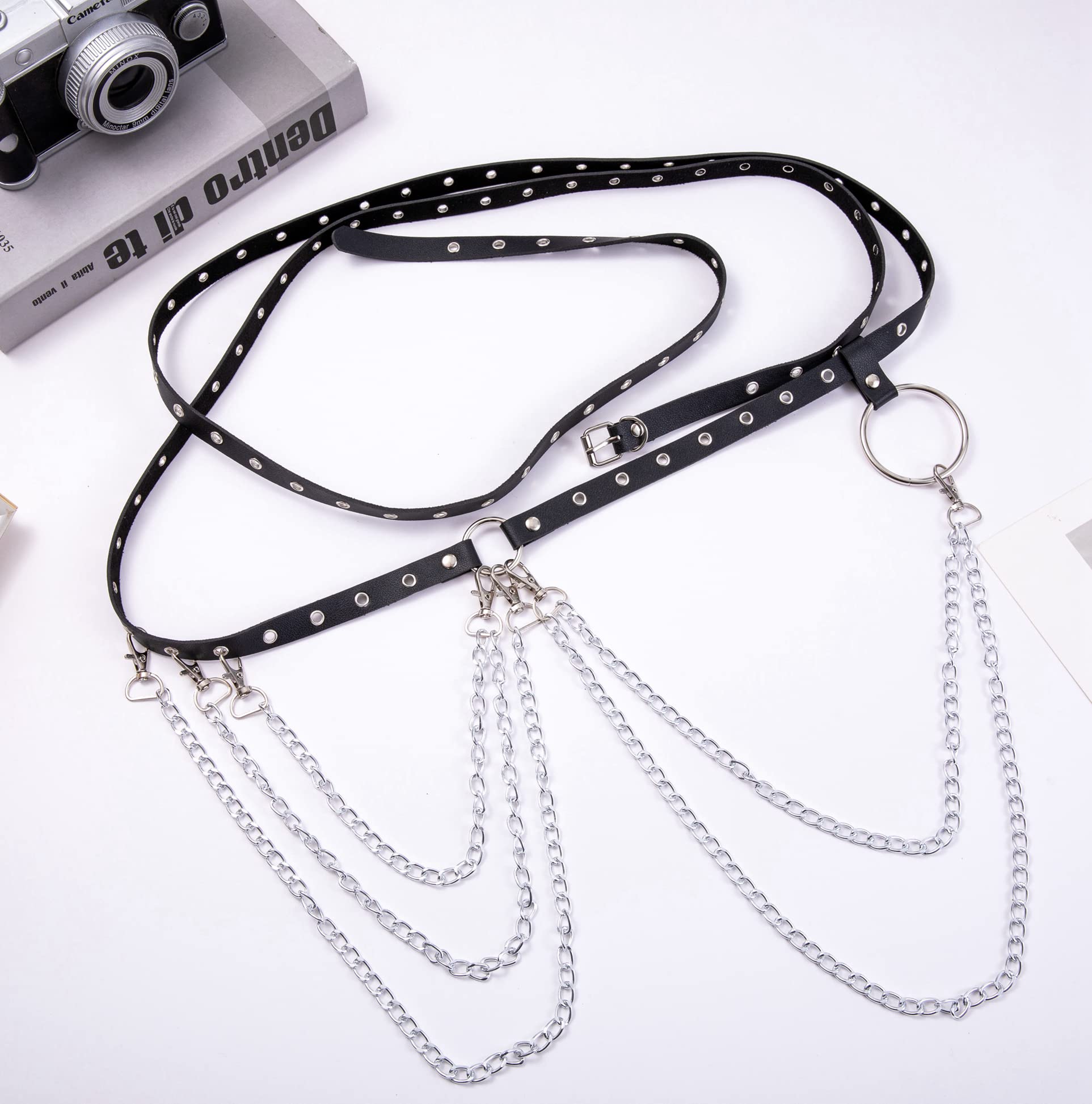 LOREMOW 2 Pcs Black Leather Waist Chain Belt Womens Punk Waist Belly Chain Layered Goth Body Chain Nightclub Party Body Jewelry Accessories