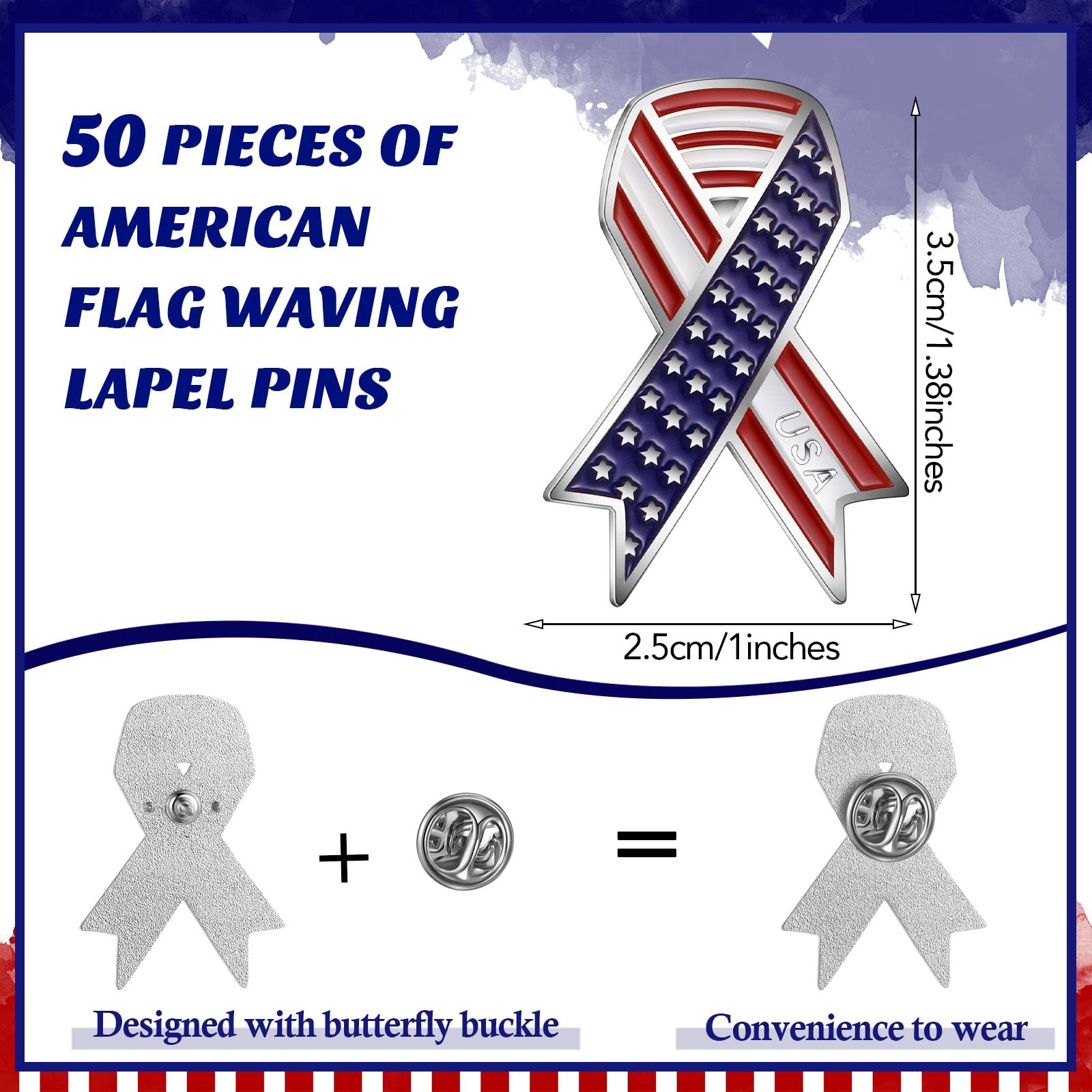 50 Pcs Memorial Day Veteran Gifts American Flag Lapel Pins Metal USA Waving Flag Pins Patriotic Ribbon Pins Bulk Independence Day Hat Pins Decorations United States Badge Pins Brooch (Bow)