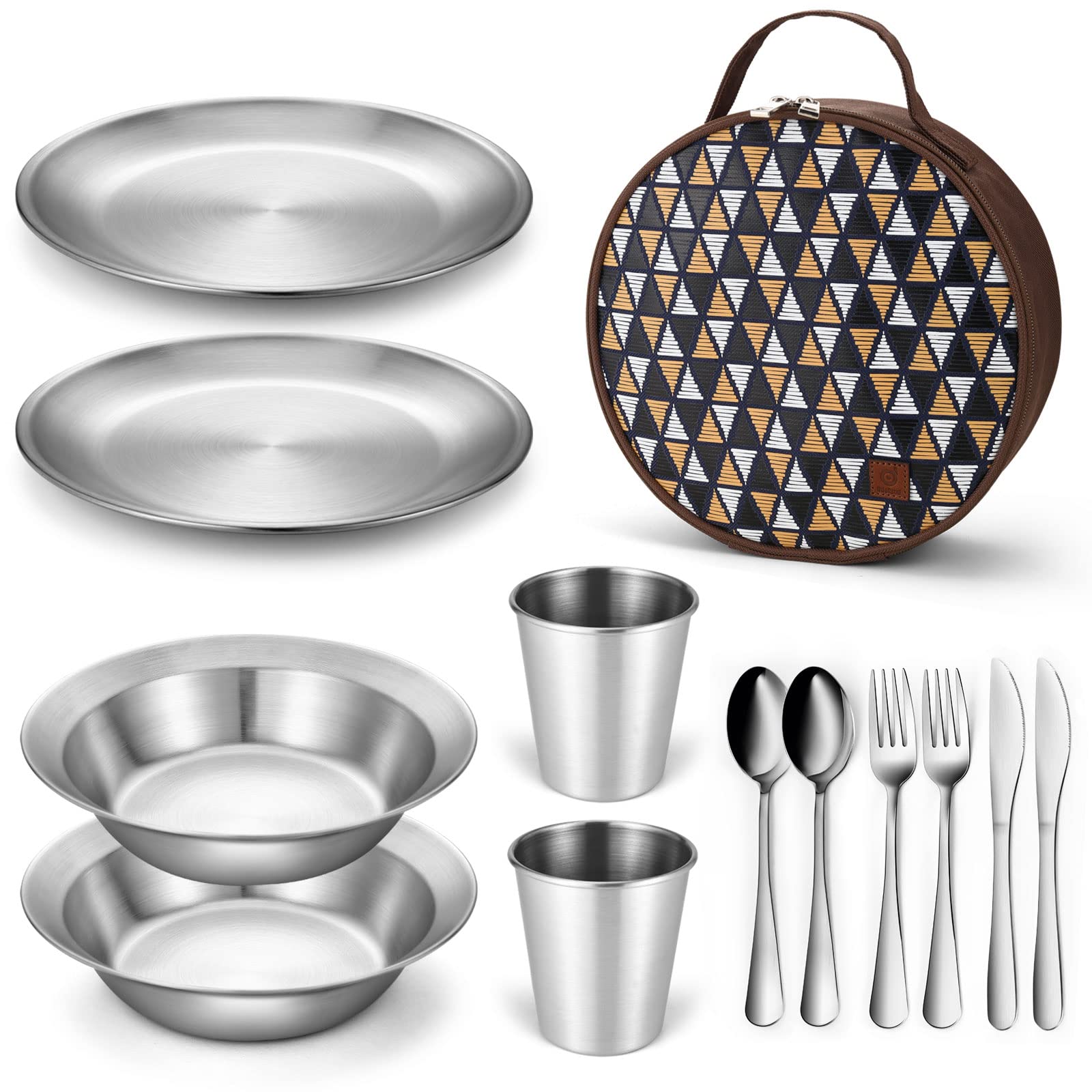 Odoland Bundle - 2 Items Folding Campfire Grill and Complete Messware Kit Polished Stainless Steel Camping dinnerware