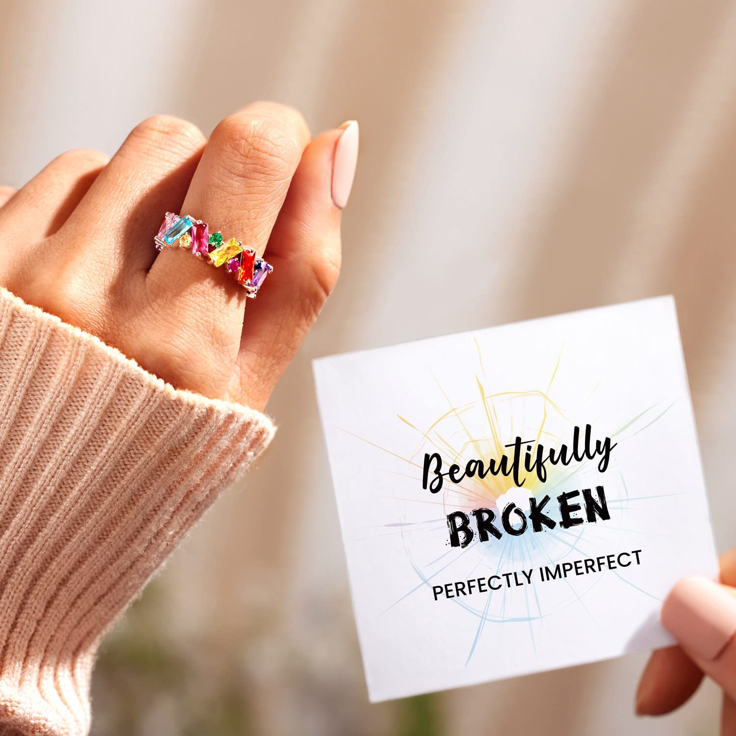 STORYJEWELLERY Story Jewellery Rainbow Ring for Women, Gold Plated Rainbow Eternity Ring, Baguette Rainbow Ring, Rainbow Jewelry Gifts for Women(G 06)