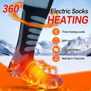 YAHAVA Electric Heated Socks for Men Women 5000mAh Rechargeable Battery Heated Socks with APP Remote Control Washable Feet Warmer Socks for Winter Hunting-Black