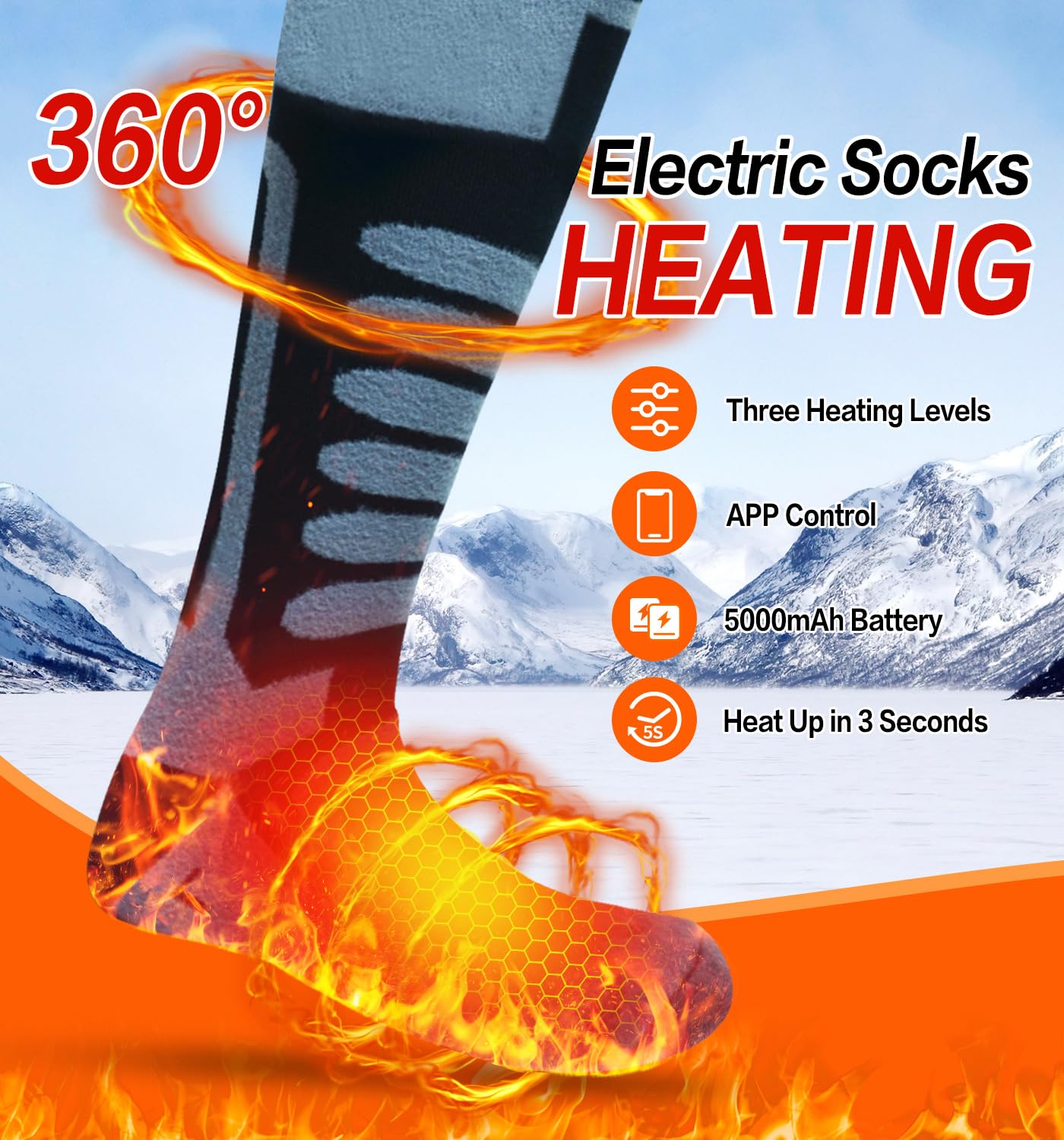 YAHAVA Electric Heated Socks for Men Women 5000mAh Rechargeable Battery Heated Socks with APP Remote Control Washable Feet Warmer Socks for Winter Hunting-Black