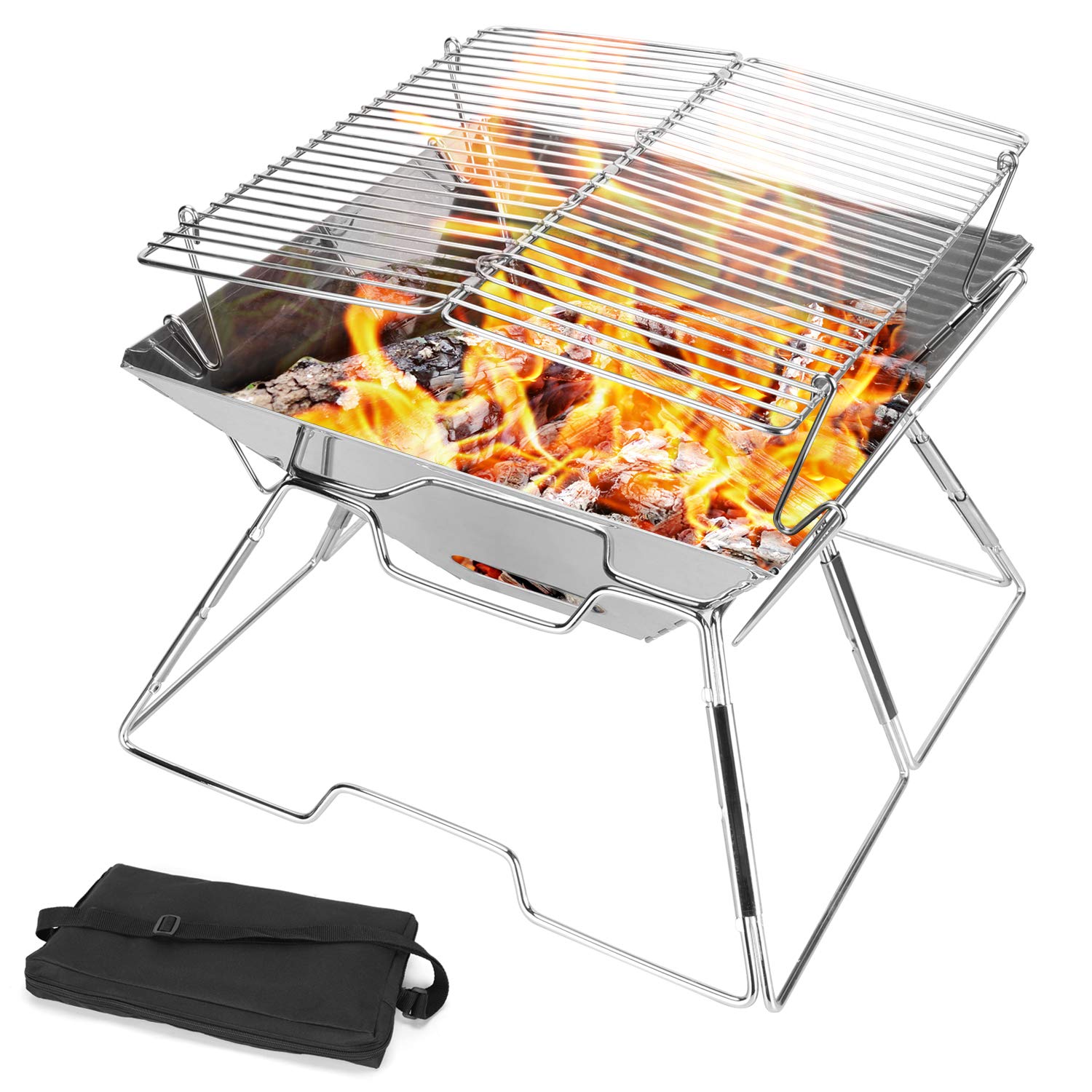 Odoland Bundle - 2 Items Folding Campfire Grill and Complete Messware Kit Polished Stainless Steel Camping dinnerware