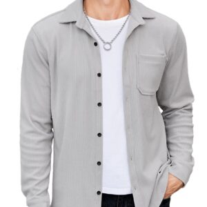 COOFANDY Men's Corduroy Jacket Stretch Camp Shacket Long Sleeve Warm Fleece Winter Shirts Grey