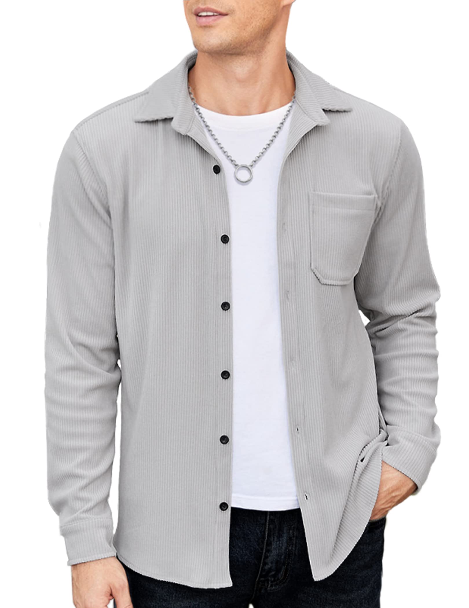 COOFANDY Men's Corduroy Jacket Stretch Camp Shacket Long Sleeve Warm Fleece Winter Shirts Grey