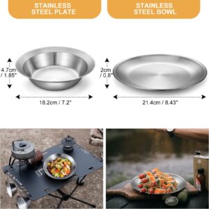 Odoland Bundle - 2 Items Folding Campfire Grill and Complete Messware Kit Polished Stainless Steel Camping dinnerware