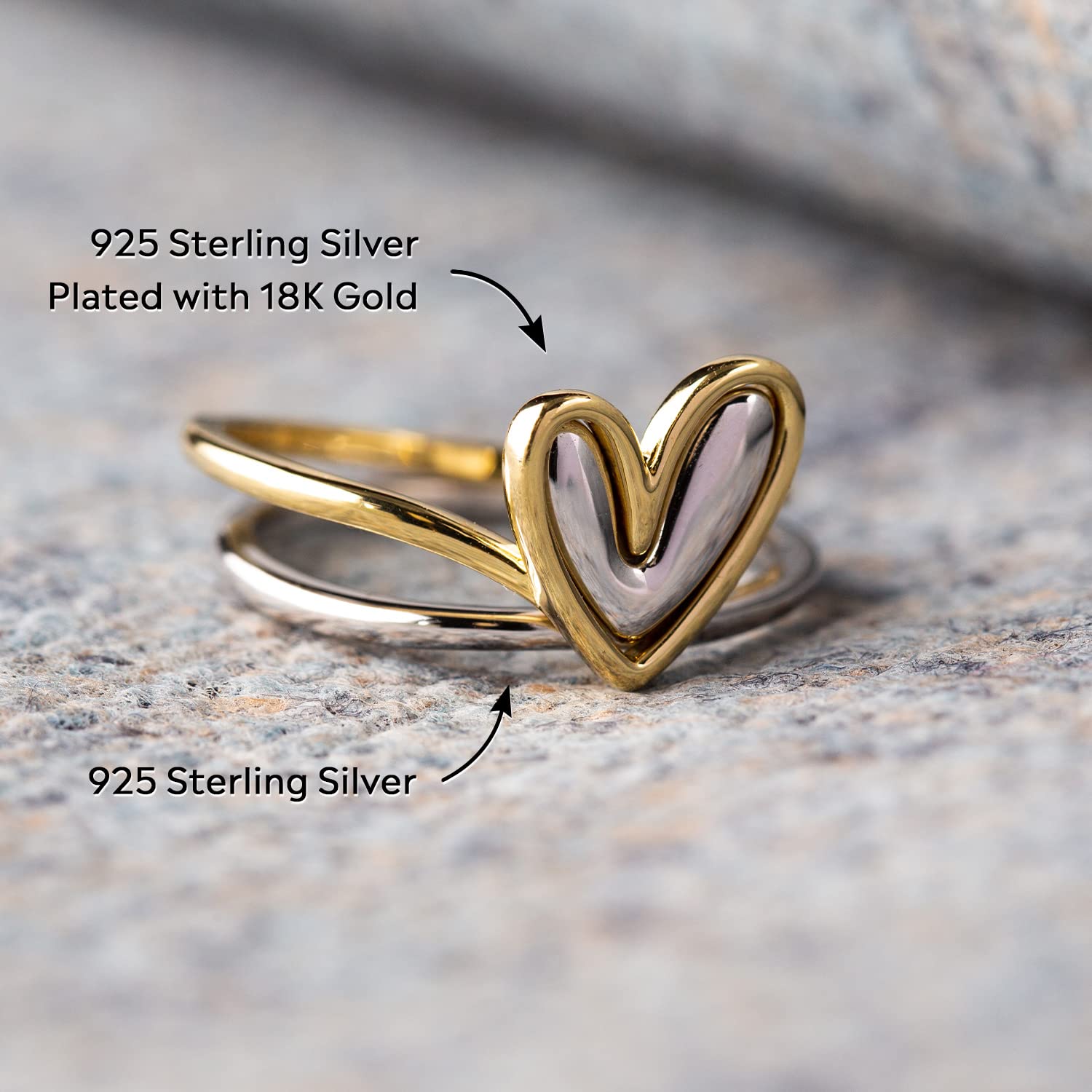 Story Jewellery Gold Silver Plated Sterling Silver Heart Layered Ring Set for Women, Dainty Self Love Layered Heart Stackable Rings for Women, Gemstone, No Gemstone