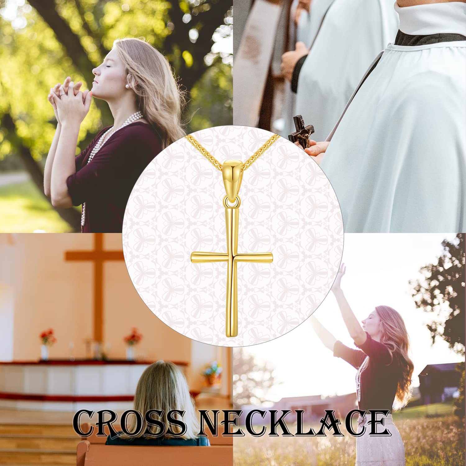 14k Gold Cross Pendant and Wheat Chain Necklace for Women, Baptism Jewelry Confirmation Gifts for Her, 18 inch