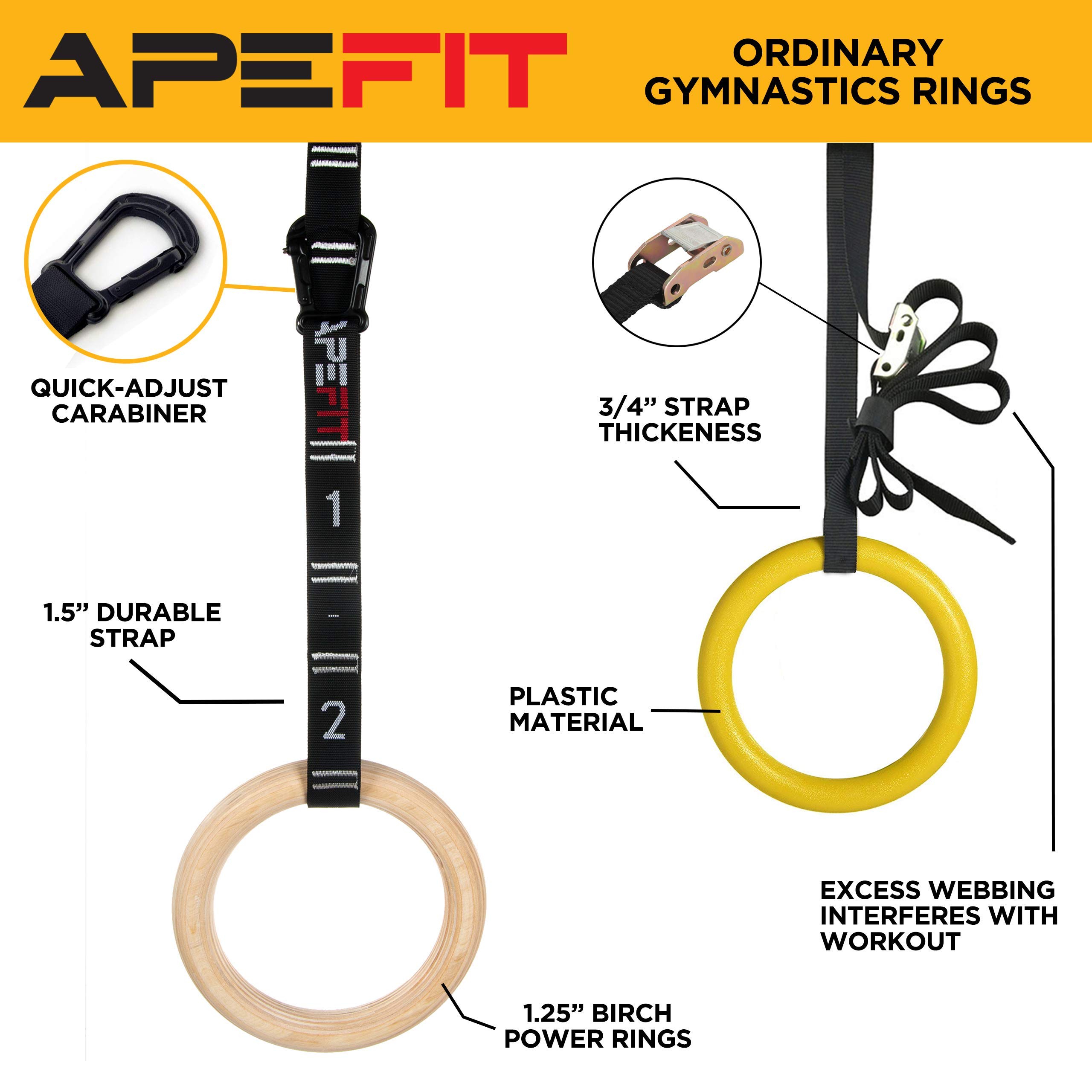 APEFIT Power Gymnastic Rings and Competition Straps | Quick Adjustment Carabiner | Anti-Theft Lock | Birch Rings | for Calisthenics, Gym & Bodyweight Training, PISP00120CARBRING