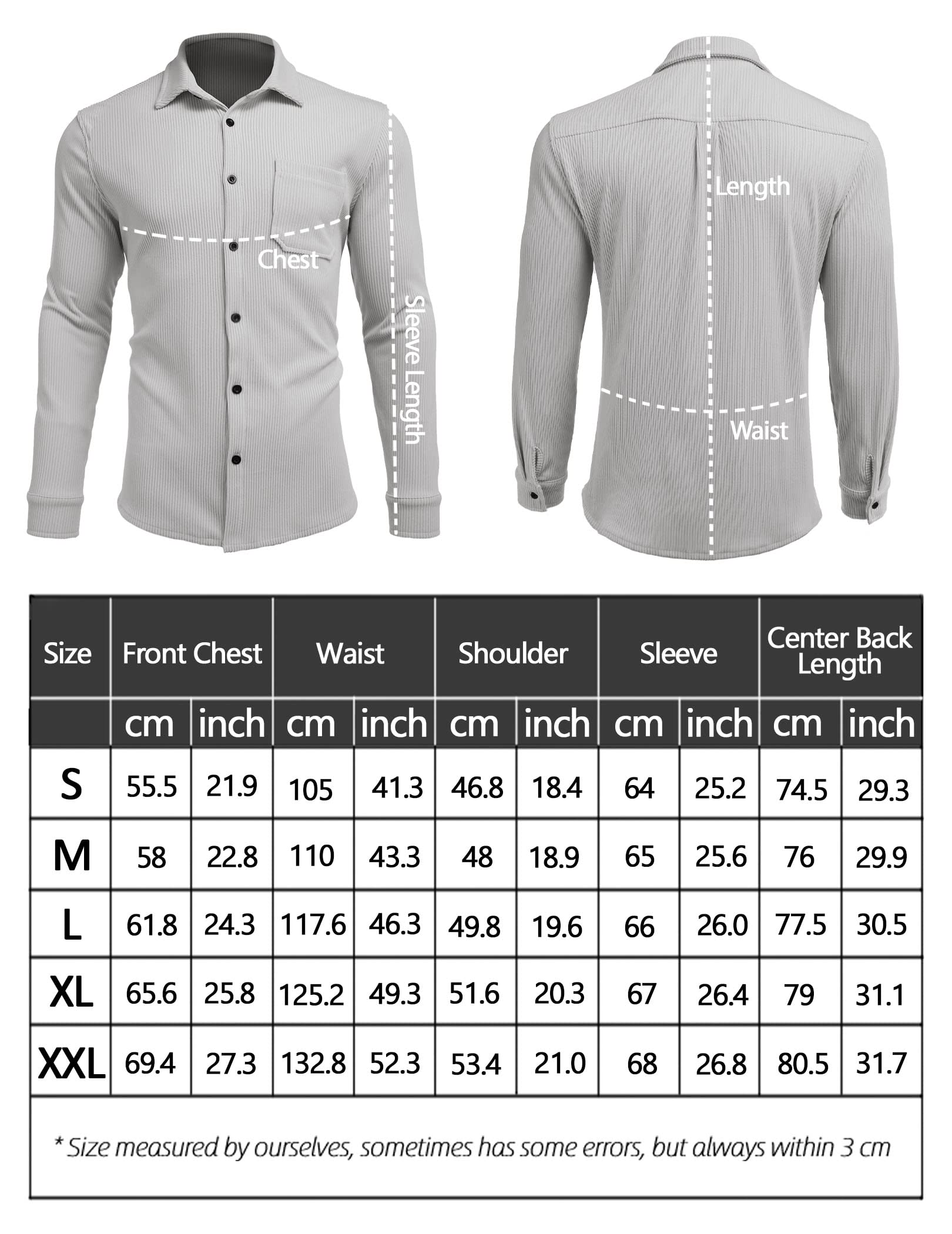 COOFANDY Men's Corduroy Jacket Stretch Camp Shacket Long Sleeve Warm Fleece Winter Shirts Grey