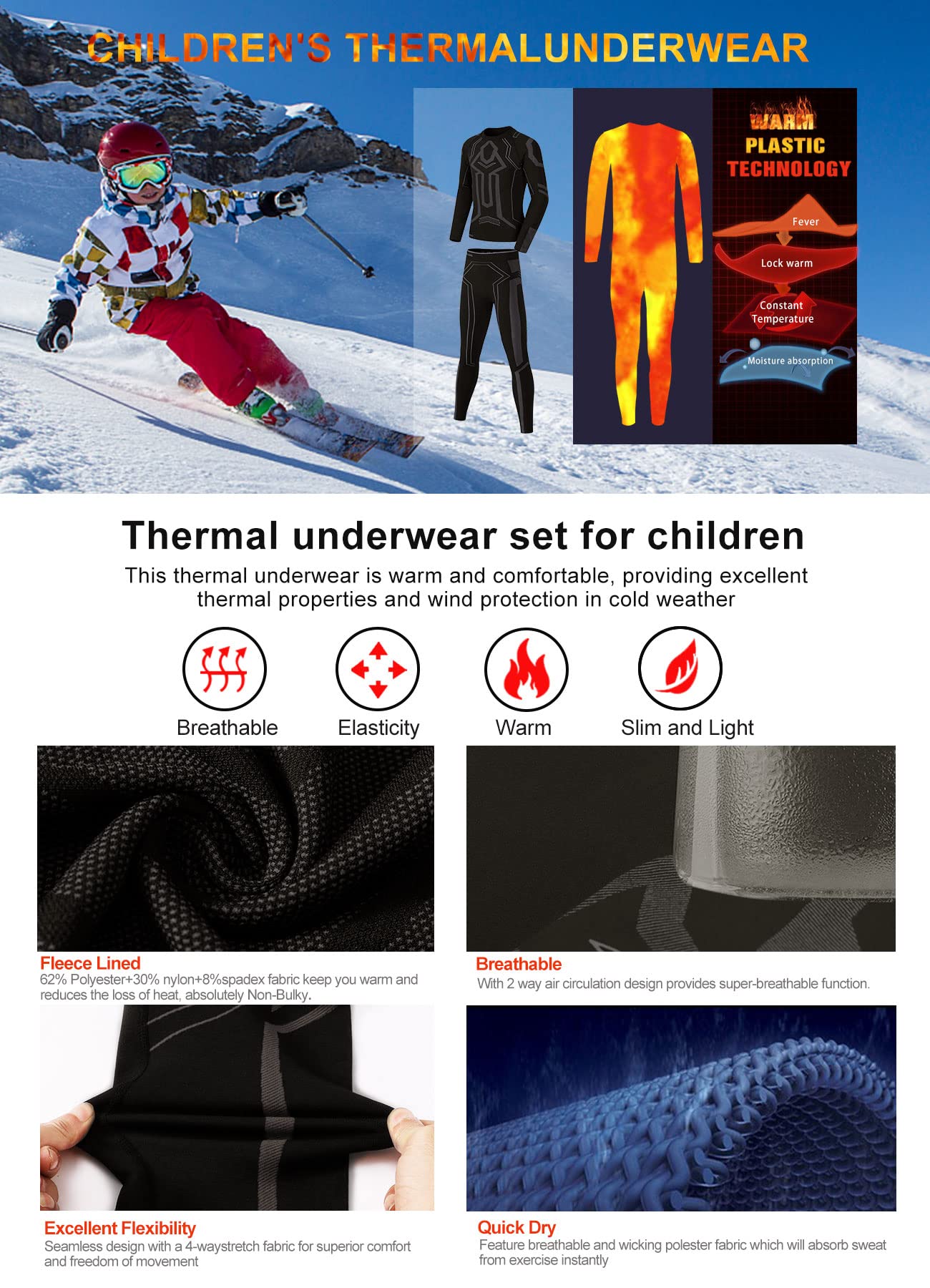 MeetHoo Kid's Thermal Sets Ski Sport Base Layer Long Johns Winter Warm Bottom Top Cold Gear Underwear, Grey, Small