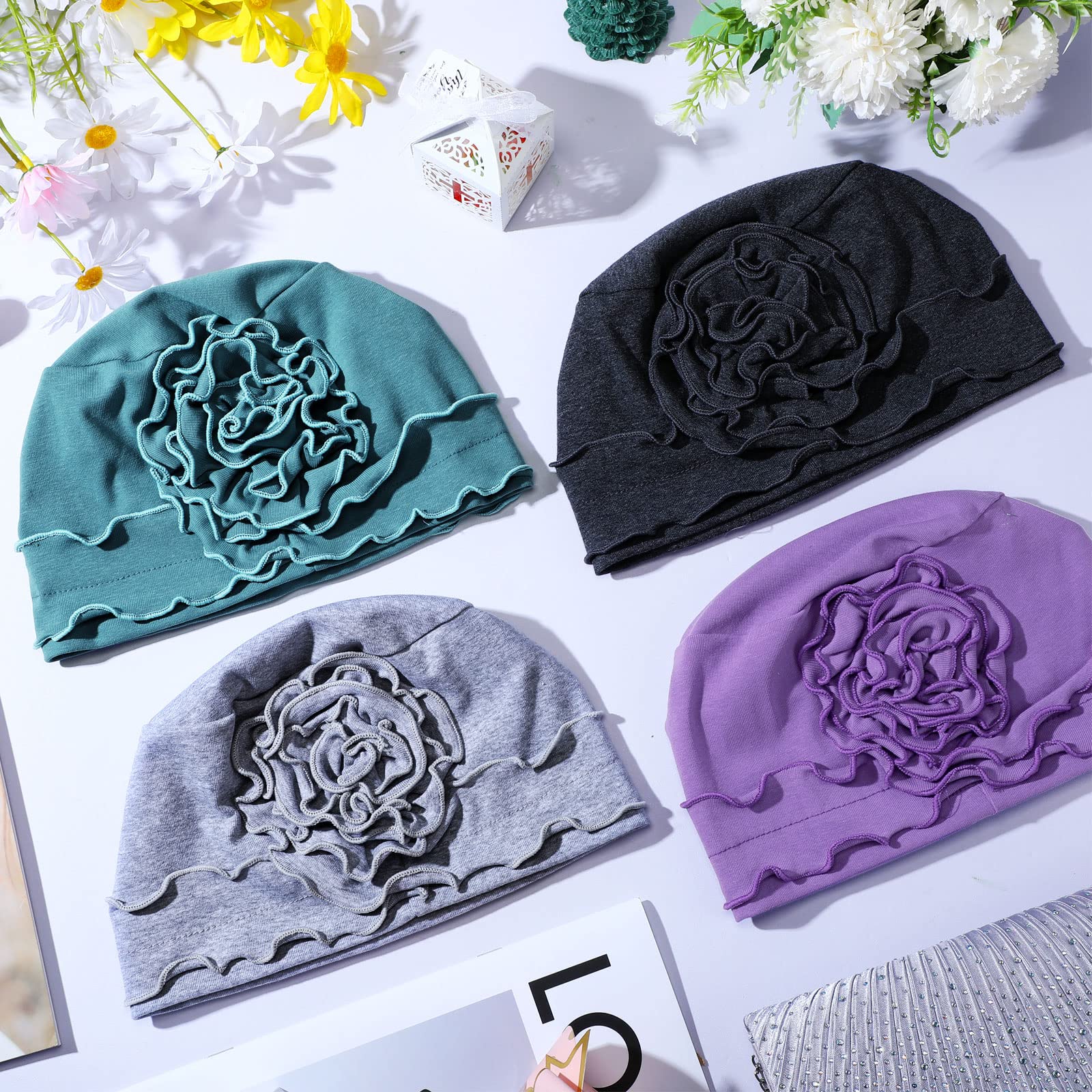 6 Pcs Women Turban Flower Caps Vintage Turbans Beanies Hair Loss Head Wrap Head Coverings for Women