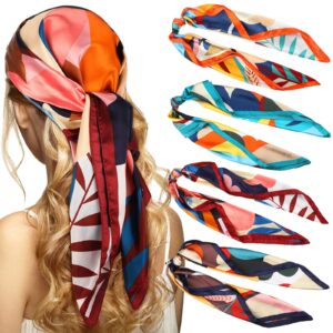 newcotte 4 pcs 35'' large square satin hair scarf silk like head scarf floral satin head wrap flower hair bandana neck scarf (classic)