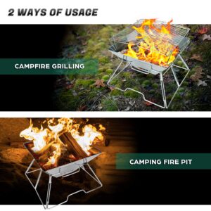 Odoland Bundle - 2 Items Folding Campfire Grill and Complete Messware Kit Polished Stainless Steel Camping dinnerware