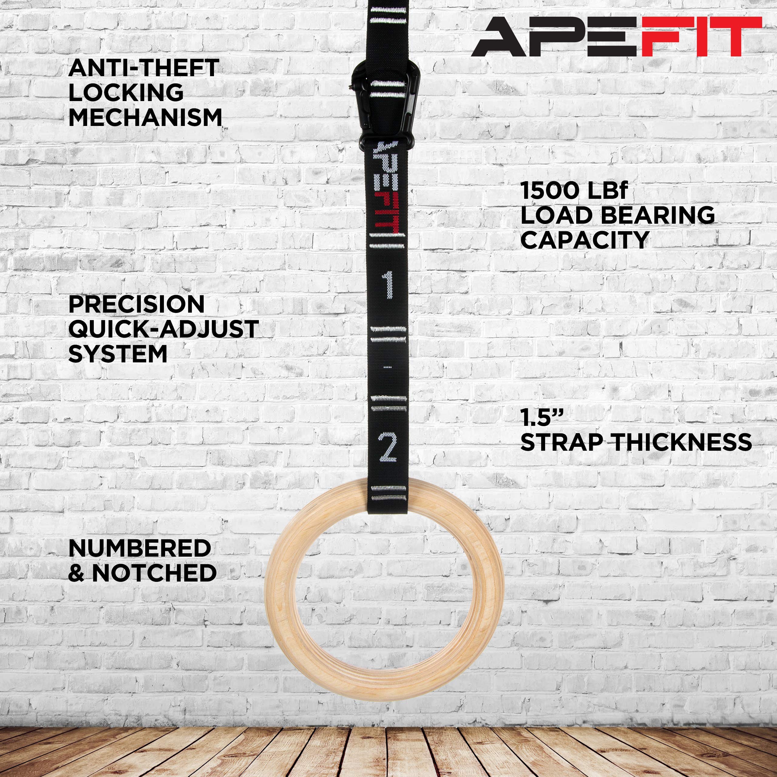 APEFIT Power Gymnastic Rings and Competition Straps | Quick Adjustment Carabiner | Anti-Theft Lock | Birch Rings | for Calisthenics, Gym & Bodyweight Training, PISP00120CARBRING