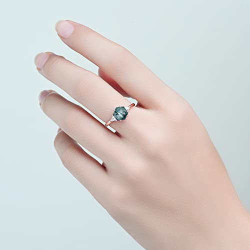 ITI KUOLOLIT 1.5ct Natural Moss Agate Ring Sterling Silver Hexagon Shaped Engagement Ring Unique Aquatic Green Agate Promise Wedding Rings for Women (Rose Gold Plated Silver, 5)