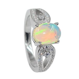 9X7 MM Oval Natural Ethiopian Opal Cabochon Gemstone 925 Sterling Silver October Birthstone Solitaire Unisex Proposal Ring Valentine's Day For Girlfriend Gift (Rhodium Plated Silver, 9.5)