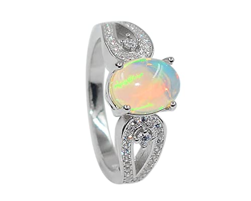 9X7 MM Oval Natural Ethiopian Opal Cabochon Gemstone 925 Sterling Silver October Birthstone Solitaire Unisex Proposal Ring Valentine's Day For Girlfriend Gift (Rhodium Plated Silver, 9.5)