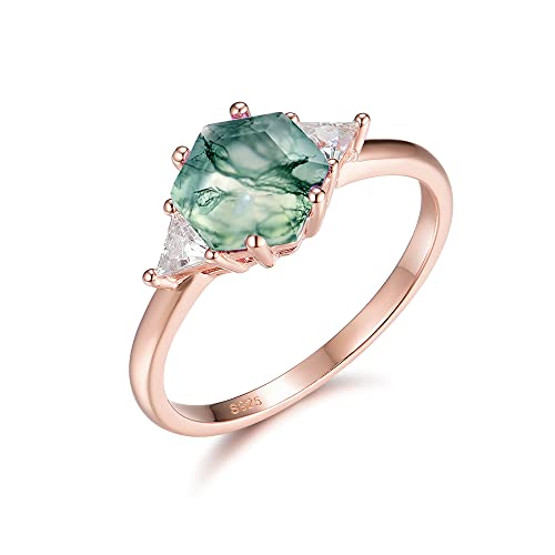 ITI KUOLOLIT 1.5ct Natural Moss Agate Ring Sterling Silver Hexagon Shaped Engagement Ring Unique Aquatic Green Agate Promise Wedding Rings for Women (Rose Gold Plated Silver, 5)