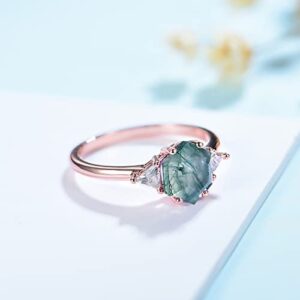 ITI KUOLOLIT 1.5ct Natural Moss Agate Ring Sterling Silver Hexagon Shaped Engagement Ring Unique Aquatic Green Agate Promise Wedding Rings for Women (Rose Gold Plated Silver, 5)