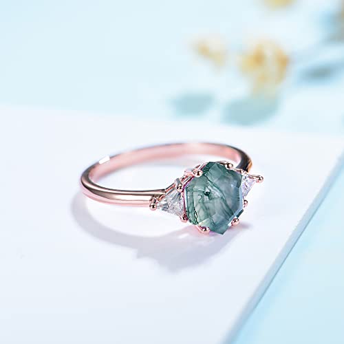 ITI KUOLOLIT 1.5ct Natural Moss Agate Ring Sterling Silver Hexagon Shaped Engagement Ring Unique Aquatic Green Agate Promise Wedding Rings for Women (Rose Gold Plated Silver, 5)