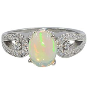 9X7 MM Oval Natural Ethiopian Opal Cabochon Gemstone 925 Sterling Silver October Birthstone Solitaire Unisex Proposal Ring Valentine's Day For Girlfriend Gift (Rhodium Plated Silver, 9.5)