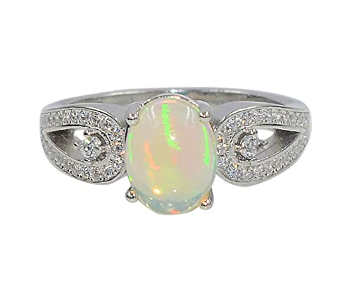 9X7 MM Oval Natural Ethiopian Opal Cabochon Gemstone 925 Sterling Silver October Birthstone Solitaire Unisex Proposal Ring Valentine's Day For Girlfriend Gift (Rhodium Plated Silver, 9.5)