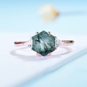 ITI KUOLOLIT 1.5ct Natural Moss Agate Ring Sterling Silver Hexagon Shaped Engagement Ring Unique Aquatic Green Agate Promise Wedding Rings for Women (Rose Gold Plated Silver, 5)