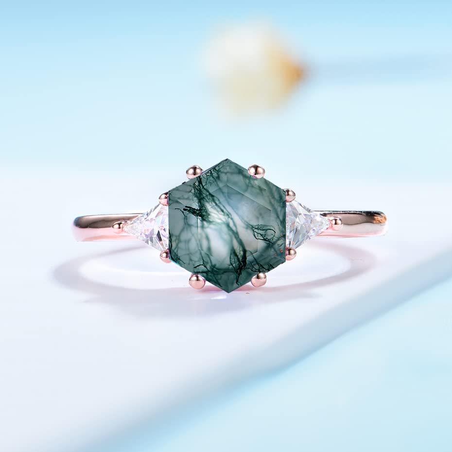 ITI KUOLOLIT 1.5ct Natural Moss Agate Ring Sterling Silver Hexagon Shaped Engagement Ring Unique Aquatic Green Agate Promise Wedding Rings for Women (Rose Gold Plated Silver, 5)