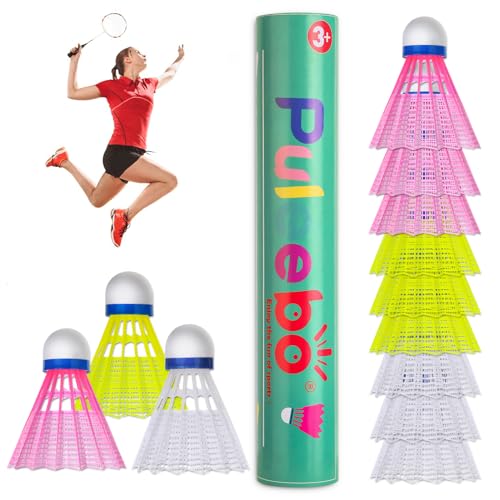 PULEEBO 12 Pack Badminton Birdies Nylon Feather Badminton Shuttlecocks for Beginners Kids Adults, Shuttlecock for Badminton Outdoor Training Play 1 Dozen Balls 4 Yellow 4 White 4 Pink