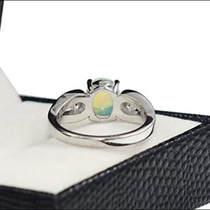 9X7 MM Oval Natural Ethiopian Opal Cabochon Gemstone 925 Sterling Silver October Birthstone Solitaire Unisex Proposal Ring Valentine's Day For Girlfriend Gift (Rhodium Plated Silver, 9.5)