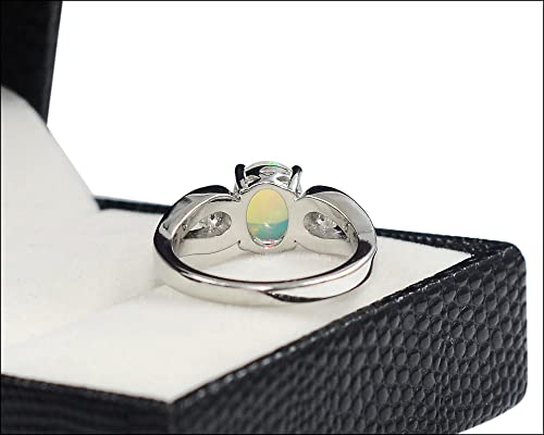 9X7 MM Oval Natural Ethiopian Opal Cabochon Gemstone 925 Sterling Silver October Birthstone Solitaire Unisex Proposal Ring Valentine's Day For Girlfriend Gift (Rhodium Plated Silver, 9.5)