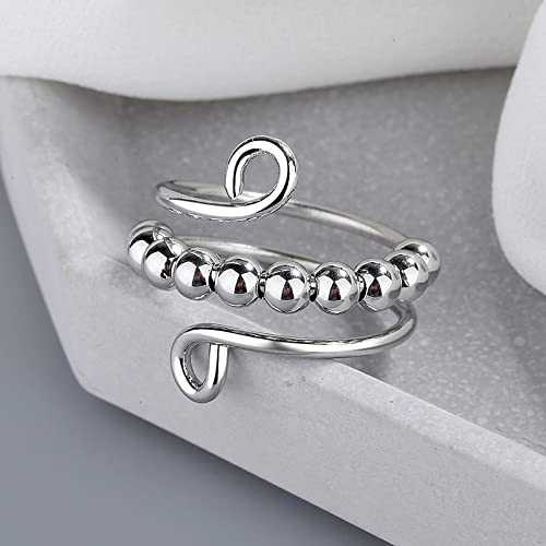 To My Daughter Fidget Rings ，Drive Away Your Anxiety Circle Beads Spinner Ring Adjustable Open Double Layer Ring Jewelry Gift for Mother Daughter (Silver)