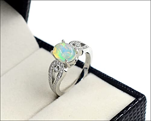 9X7 MM Oval Natural Ethiopian Opal Cabochon Gemstone 925 Sterling Silver October Birthstone Solitaire Unisex Proposal Ring Valentine's Day For Girlfriend Gift (Rhodium Plated Silver, 9.5)