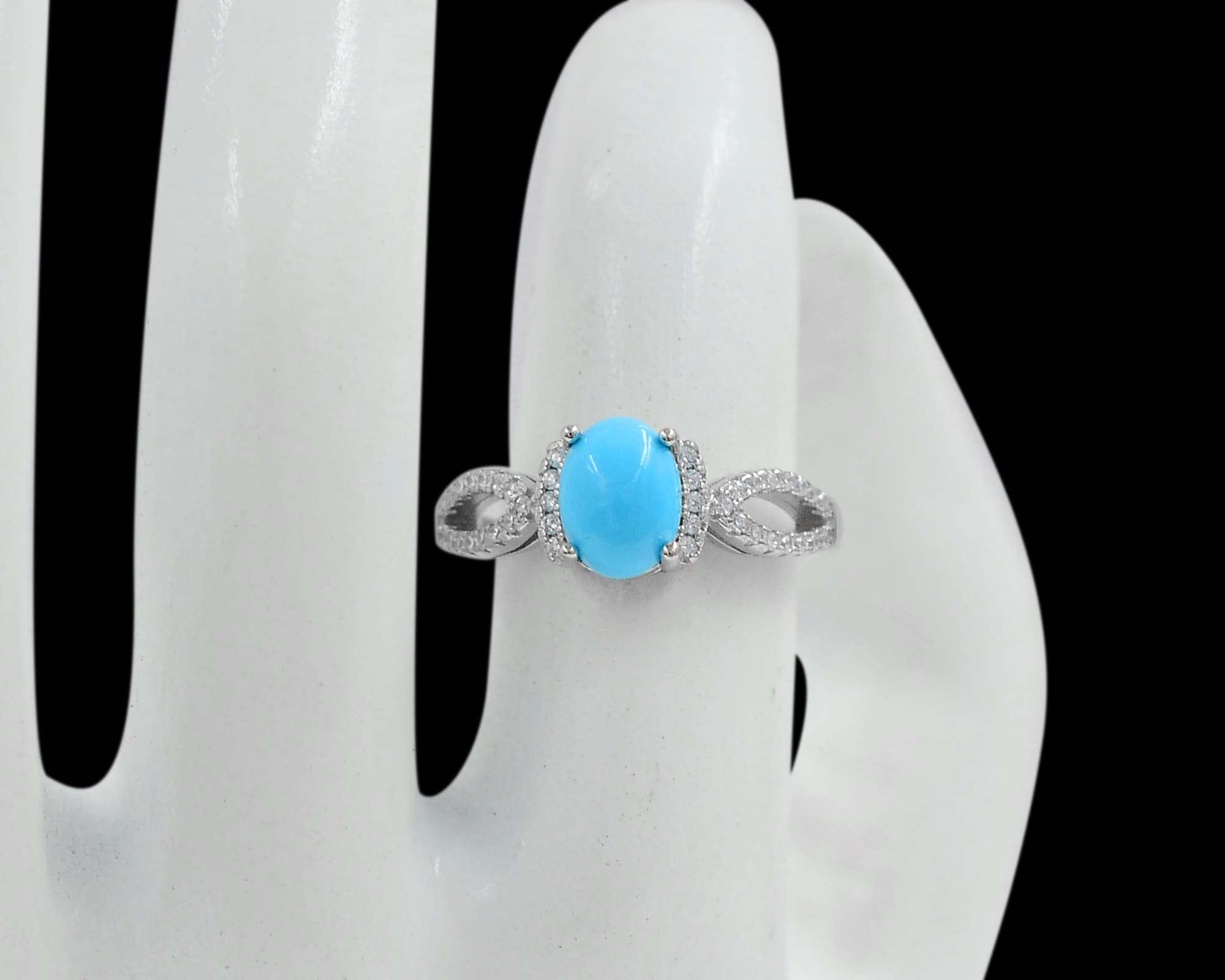 8X6 MM Oval Natural Blue Turquoise Cabochon 925 Sterling Silver December Birthstone Solitaire Unisex Proposal Ring Valentine Day Gift For Girlfriend Gift (Rhodium Plated Silver, 8)