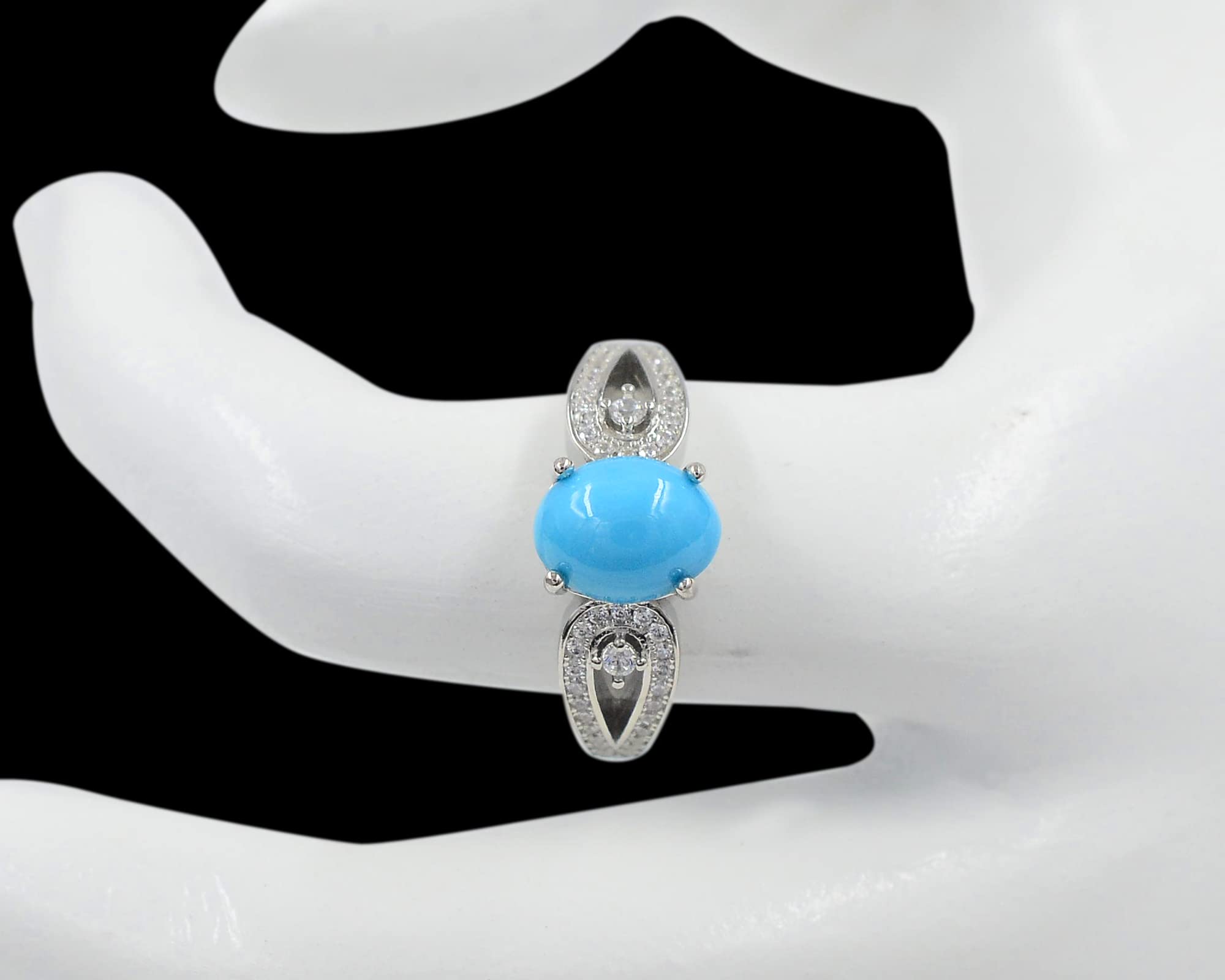 9X7 MM Oval Cut Natural Sleeping Beauty Turquoise Gemstone 925 Sterling Silver December Birthstone Solitaire Unisex Proposal Ring For Wedding Gift (Rhodium Plated Silver, 6)