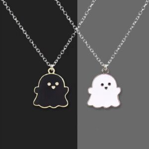 2 Pcs Black White Ghost Pendant Necklace, Lovely Ghost Enamel Charm Necklace for Women Girls Friendship BFF Couple Memorial Jewelry Valentines Day Halloween Costume Decor, One-size