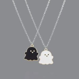 2 Pcs Black White Ghost Pendant Necklace, Lovely Ghost Enamel Charm Necklace for Women Girls Friendship BFF Couple Memorial Jewelry Valentines Day Halloween Costume Decor, One-size