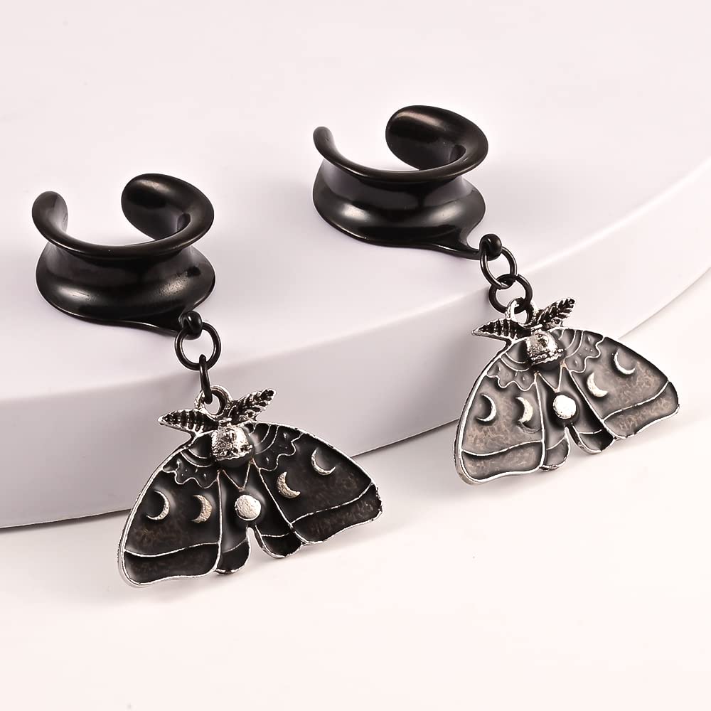 Atomhole 2 PCS Ear Gauges Black Butterfly Dangle Saddle Ear Tunnels Hypoallergenic 316 Stainless Steel Ear Hangers Plugs Piercing Body Jewelry (10mm(00G), Black)