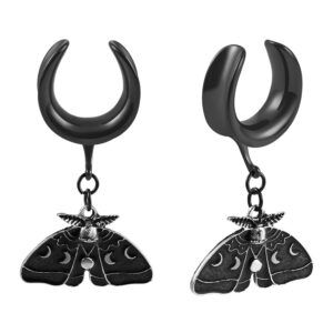 Atomhole 2 PCS Ear Gauges Black Butterfly Dangle Saddle Ear Tunnels Hypoallergenic 316 Stainless Steel Ear Hangers Plugs Piercing Body Jewelry (10mm(00G), Black)