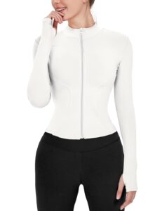 gacaky women's slim fit lightweight athletic full zip stretchy workout running track jacket with thumb holes white m