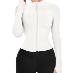 Gacaky Women's Slim Fit Lightweight Athletic Full Zip Stretchy Workout Running Track Jacket with Thumb Holes White M