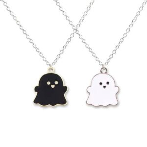 2 pcs black white ghost pendant necklace, lovely ghost enamel charm necklace for women girls friendship bff couple memorial jewelry valentines day halloween costume decor, one-size