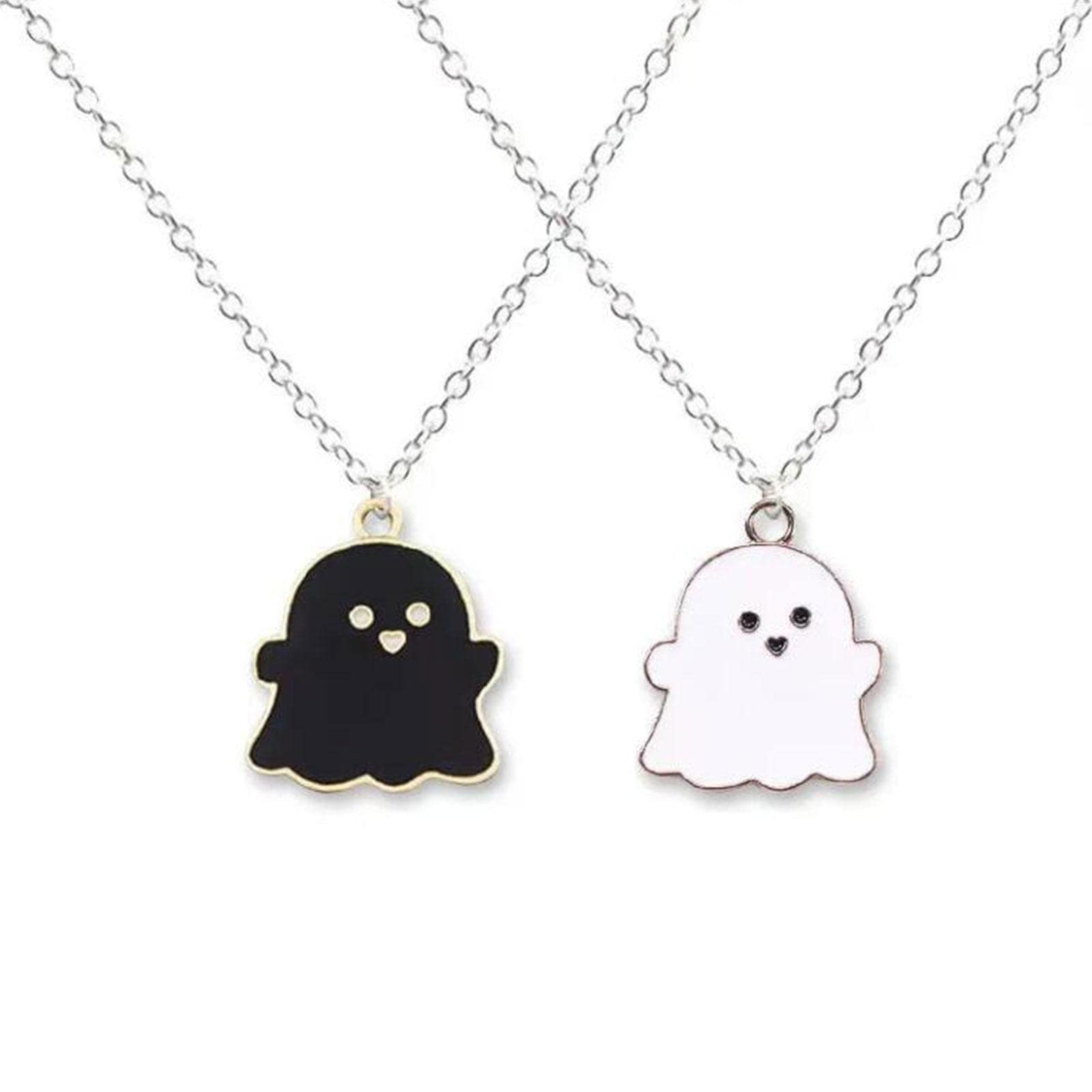 2 Pcs Black White Ghost Pendant Necklace, Lovely Ghost Enamel Charm Necklace for Women Girls Friendship BFF Couple Memorial Jewelry Valentines Day Halloween Costume Decor, One-size