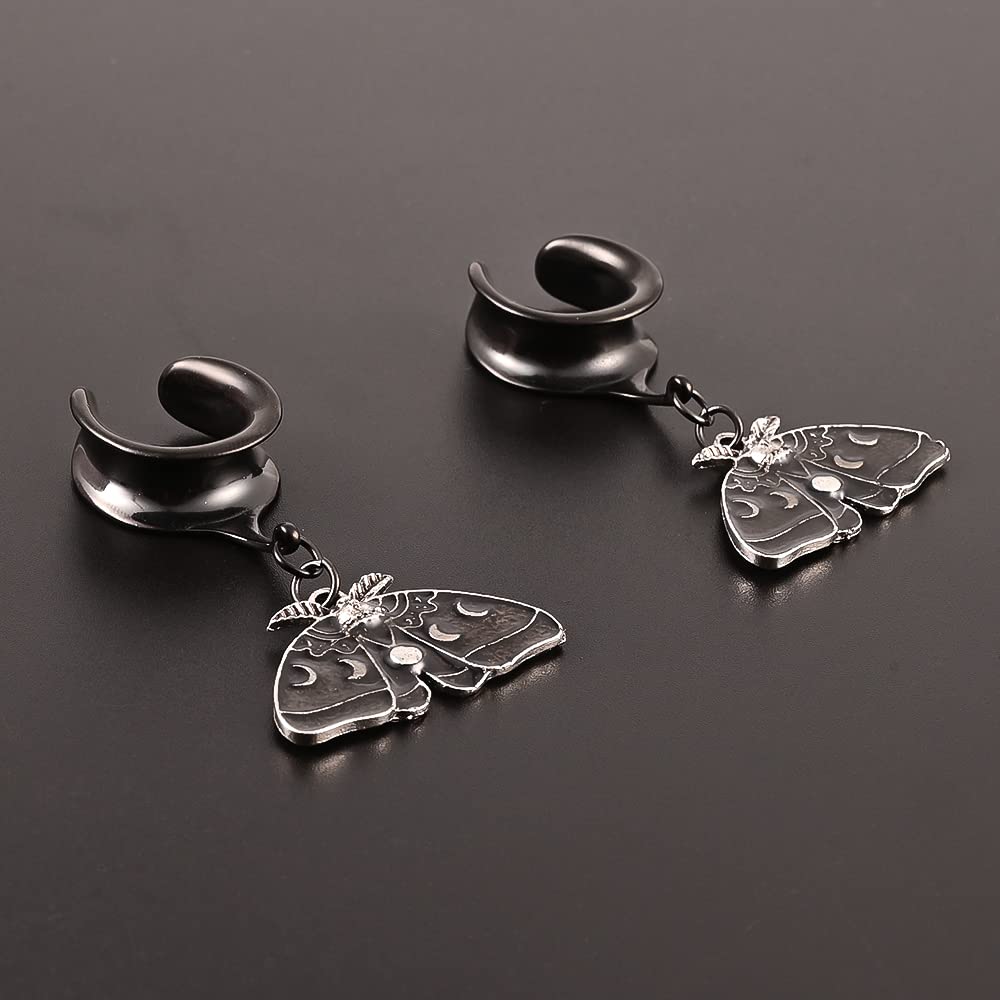 Atomhole 2 PCS Ear Gauges Black Butterfly Dangle Saddle Ear Tunnels Hypoallergenic 316 Stainless Steel Ear Hangers Plugs Piercing Body Jewelry (10mm(00G), Black)