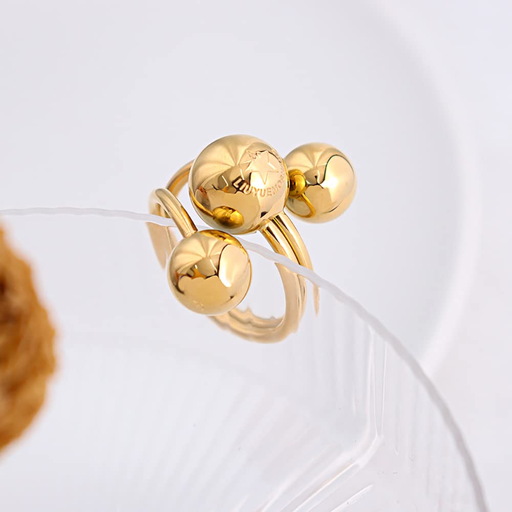 Fashion Ball Statement Ring for Women Girls Stainless Steel Layered 3 Round Balls Open Wrap Finger Rings Comfort Fit Geometric Unique Christmas Birthday Party Jewelry Gift Size 7-8 (Gold)